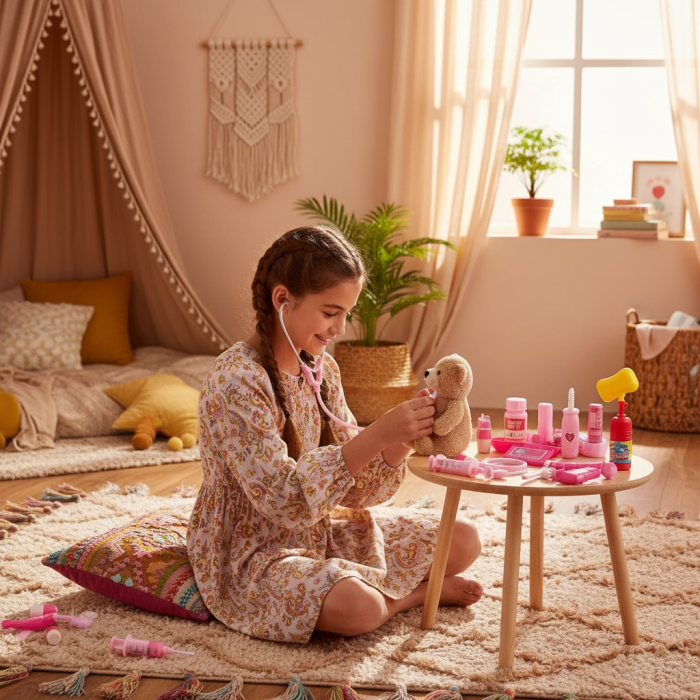 Trusă medicală de jucărie Happy Medical cu stetoscop, ochelari și accesorii roz dispuse pe fundal. [2]