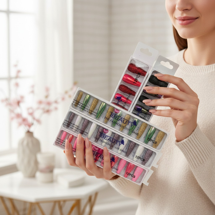 Seturi de 12 unghii false reutilizabile IBeauty formă ballerina cu sclipici și finisaj metalizat crom. [3]