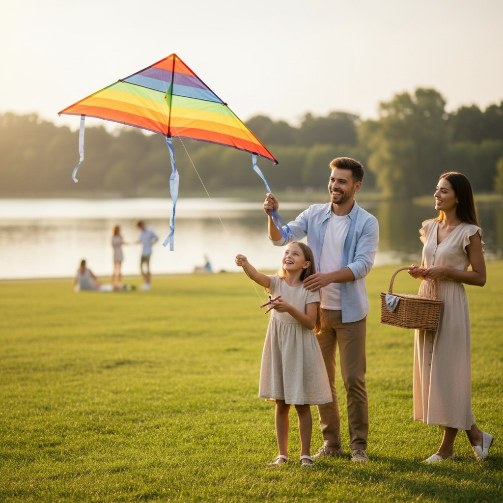 Zmeu zburator curcubeu de 120 cm inaltat in parc de o familie [2]