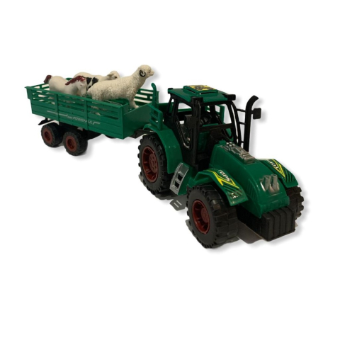Jucării 7+ ani - Tractor de jucărie verde cu remorcă, transportând o văcuță, un miel și un căluț, pregătit pentru joacă.