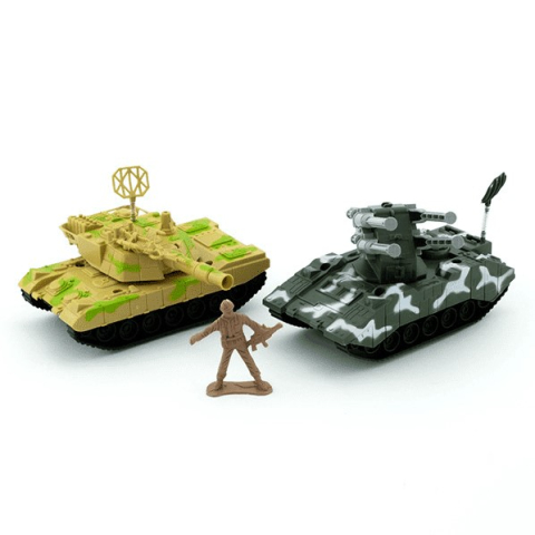 Jucării 7+ ani - Cutie verde inscripționată „Inertia Air Tanks”, ce conține un set militar cu două tancuri de camuflaj și doi soldați.