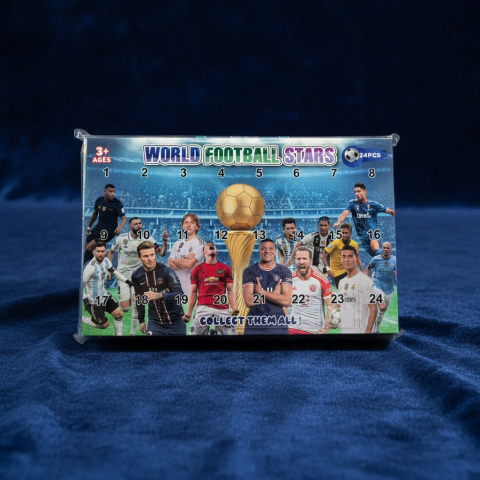 Cadouri pentru EL - Cutie tip Advent Calendar World Football Stars cu 24 de compartimente și figurine breloc jucători fotbal.