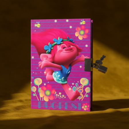 Agende și caiete - Agendă secretă cu lăcat și cheie Trolls, copertă cartonată colorată, dimensiuni 18x12.5 cm.