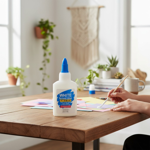 Lipici, Adezivi și Aracet - Flacon de aracet scolar lichid alb 40g pe un birou alaturi de o pensula si hartie colorata