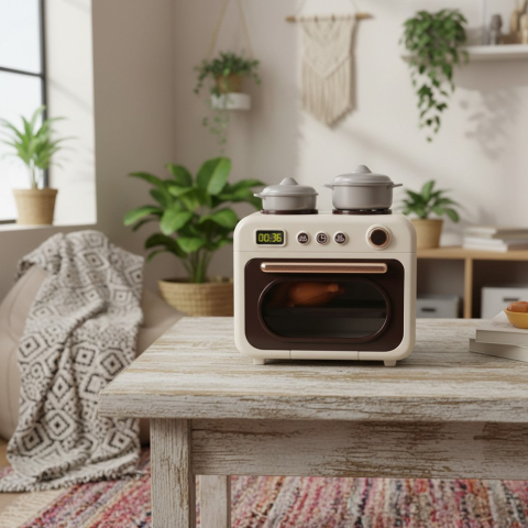 Seturi de Jucării - Aragaz de jucărie interactiv „Home Appliance” de culoare roșu/alb, cu cuptor deschis și accesorii de gătit.