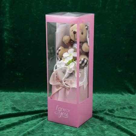 Aranjamente de Flori din Săpun - Aranjament cadou cu ursulet de plus si flori de sapun in cutie inalta roz.