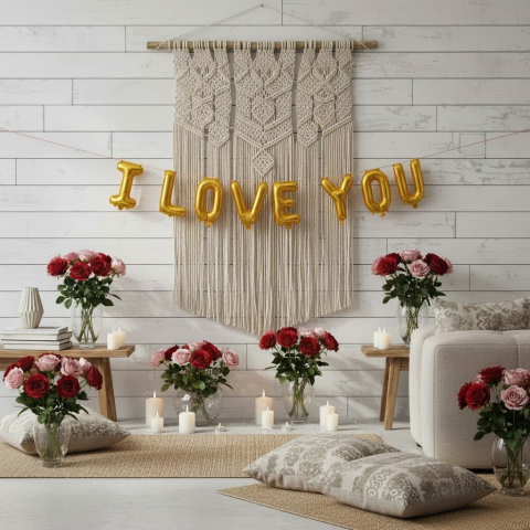 Baloane de poveste - Mesaj gigant „I LOVE YOU” din baloane de folie aurii suspendate pe un perete decorat cu macrame și trandafiri.