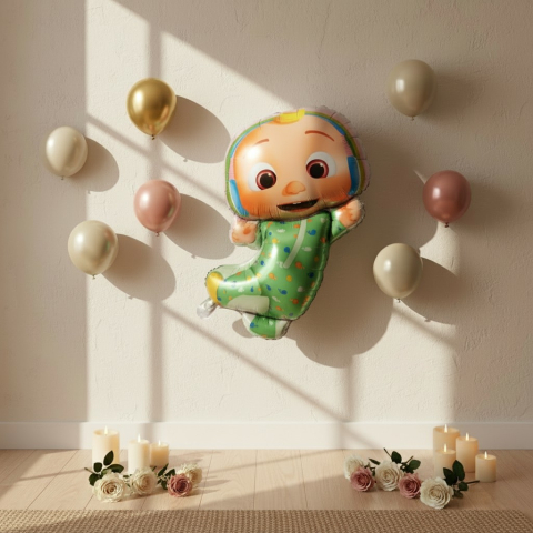 Balon din folie metalizata cu personajul JJ din Cocomelon, 60 cm, pentru decor petreceri copii.