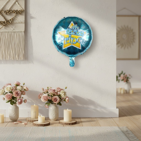 Baloane de poveste - Balon rotund din folie metalizată albastră cu stea coroană și mesajul Prince 45 cm