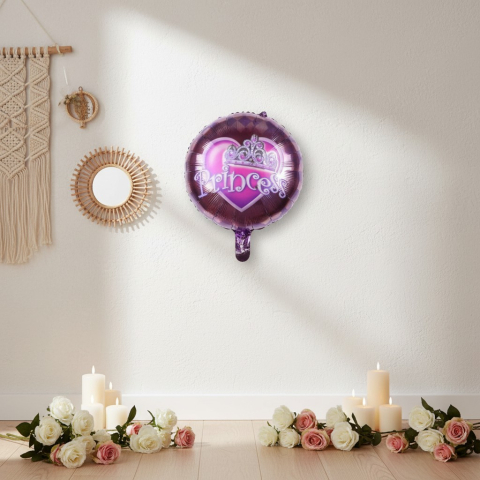Baloane de poveste - Balon din folie metalizată in formă de inimă violet cu coroană și mesaj Princess 45 cm