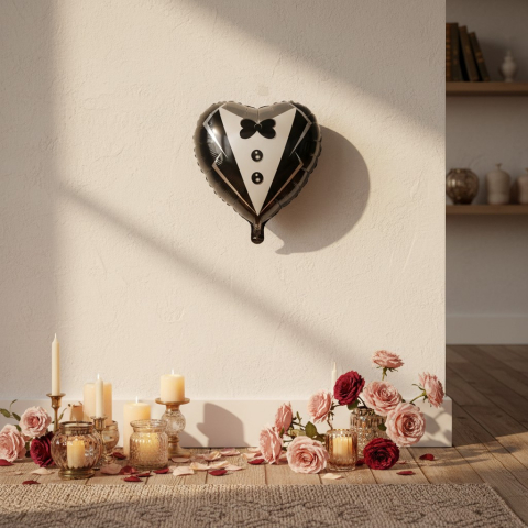 Baloane de poveste - Balon din folie metalizata in forma de inima cu design costum de mire si papion 45 cm