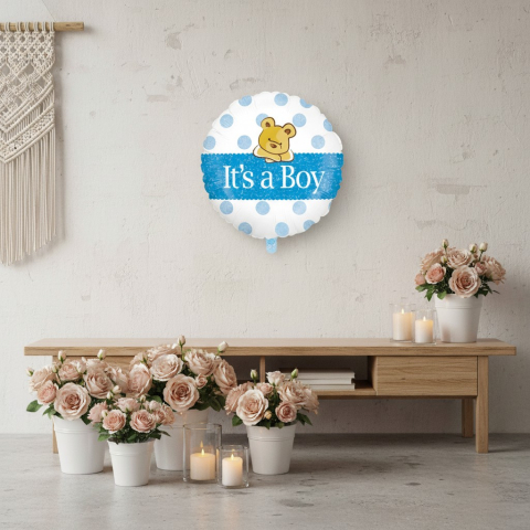 Baloane de poveste - Balon rotund din folie metalizata albastru cu buline si mesaj It's a Boy 45 cm