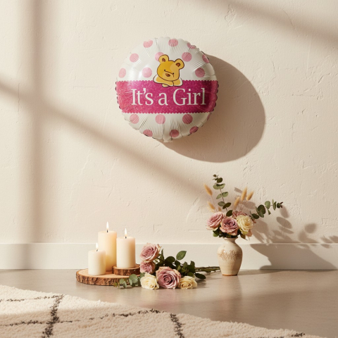 Baloane de poveste - Balon rotund din folie metalizata alb albastru cu buline roz si mesaj It's a Girl 45 cm