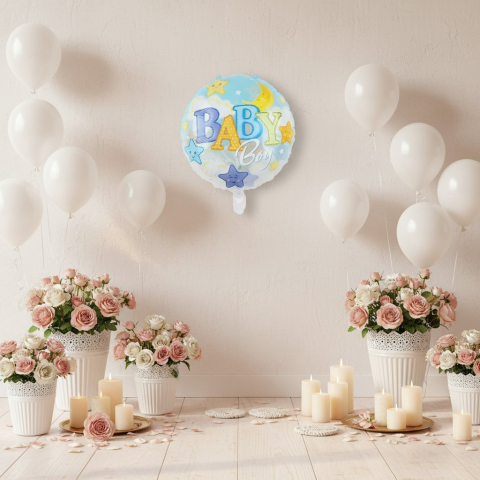 Baloane de poveste - Balon rotund din folie metalizata cu mesaj Baby Boy luna si stelute 45 cm pentru decor petrecere baieti