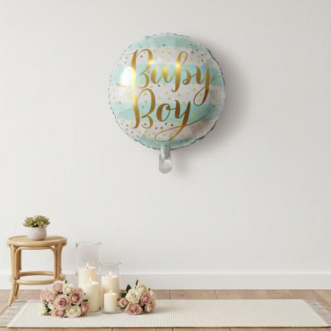 Baloane de poveste - Balon rotund din folie metalizata Baby Boy cu dungi albastre si buline aurii 45 cm