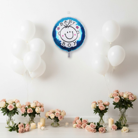 Baloane de poveste - Balon rotund din folie metalizata Baby Boy Cartoon cu fata de bebelus si stele albastre 45 cm