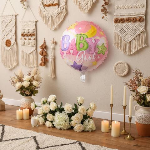 Baloane de poveste - Balon rotund din folie roz cu mesaj Baby Girl luna si stelute 45 cm pentru decor botez fete