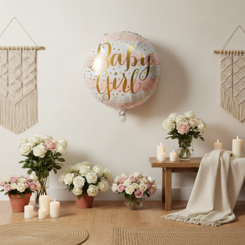 Baloane de poveste - Balon rotund din folie metalizata cu mesaj Baby Girl auriu pe fundal cu dungi roz si picatele 45 cm