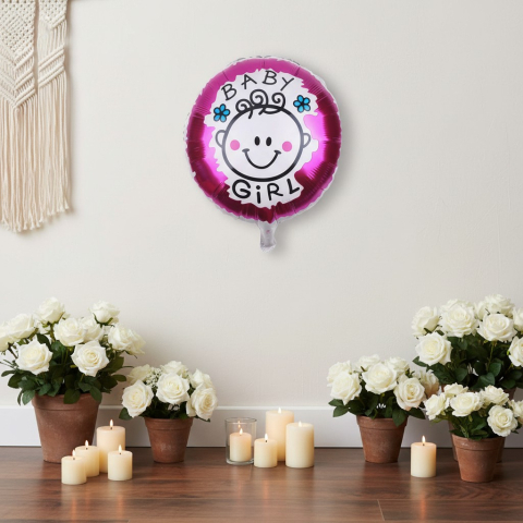 Baloane de poveste - Balon rotund din folie metalizata Baby Girl Cartoon cu fata de bebelus si flori 45 cm