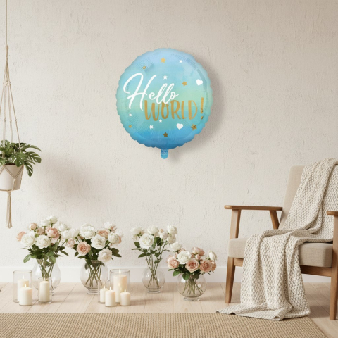 Baloane de poveste - Balon rotund din folie metalizata Hello World Boy cu stelute aurii si inimi albe 45 cm