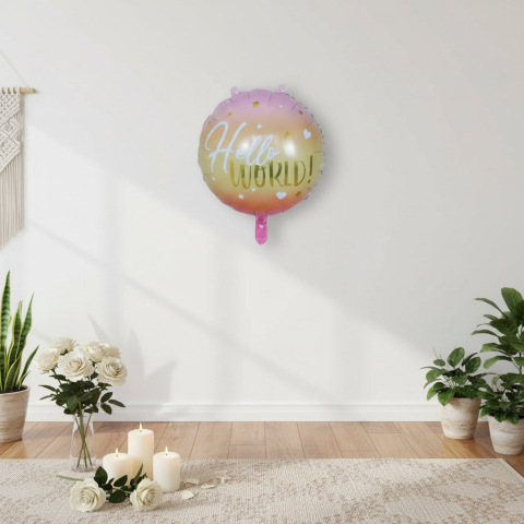 Baloane de poveste - Balon rotund din folie metalizata Hello World Girl cu degrade roz si auriu 45 cm