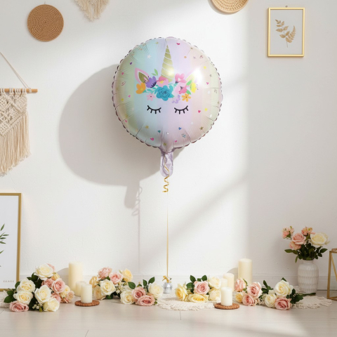 Baloane de poveste - Balon rotund din folie metalizata cu print unicorn si flori culori pastelate 45 cm