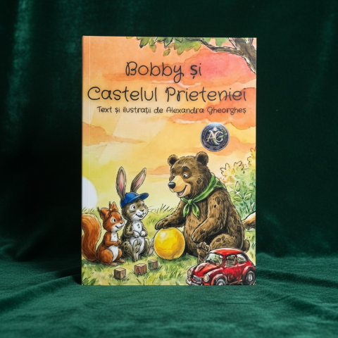 Cărți: povești de suflet pentru toate vârstele - Coperta cartii pentru copii Bobby si Castelul Prieteniei ilustrand un ursulet un iepuras si o veverita cu jucarii