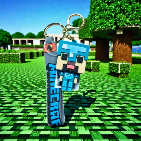 Brelocuri cu personaje - Breloc cu personaj Minecraft de 6-8 cm, inel auriu și curelușă albastră din silicon.