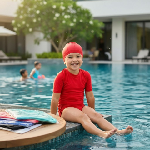 Căști pentru Înot - Copil zâmbind purtând o cască de înot roșie la marginea unei piscine.