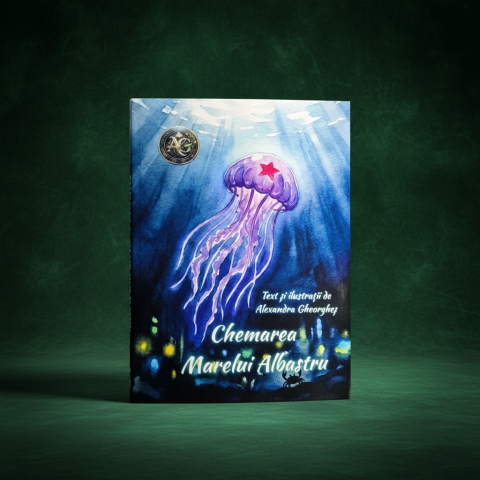 Cărți: povești de suflet pentru toate vârstele - Coperta cartii Chemarea Marelui Albastru de Alexandra Gheorghes ilustrand o meduza violeta in oceanul intunecat