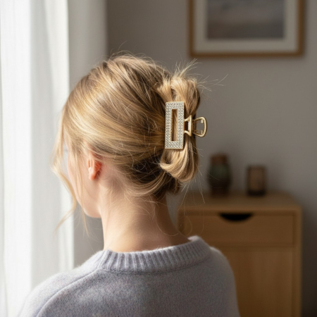 Clame Elegante de Păr - Clește de păr metalic auriu cu design dreptunghiular și cristale transparente strălucitoare.