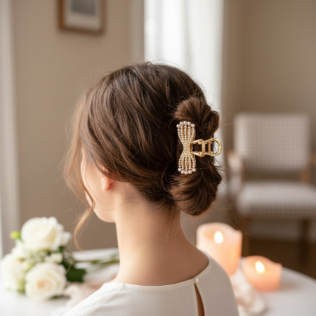 Clame Elegante de Păr - Clește de păr auriu în formă de fundiță decorat cu perle albe și cristale aurii.