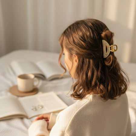 Clame Elegante de Păr - Clește de păr semicerc din metal auriu cu cristale aurii fine și decupaj decorativ.