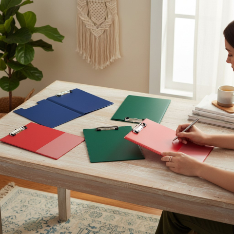 Clipboarduri și Mape - Femeie luand notite pe un clipboard dublu A4 cu coperta la birou