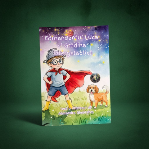 Cărți: povești de suflet pentru toate vârstele - Coperta cartii Comandantul Luca si Gradina Intergalactica ilustrand un baietel costumat in astronaut si un catel