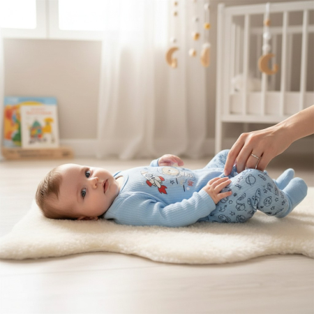 Hăinuțe Bebe-Băiețel - Compleu bleumarin pentru bebelusi 3-12 luni cu imprimeu astronaut si tematica spatiala.