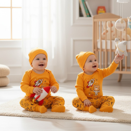 Hăinuțe Bebe-Băiețel - Compleu galben pentru bebelusi 3-9 luni cu imprimeu astronaut si tematica spatiala.