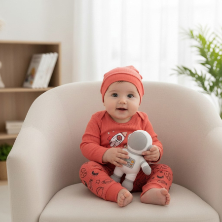 Hăinuțe Bebe-Băiețel - Compleu rosu pentru bebelusi 6-12 luni cu astronaut si tematica spatiala.