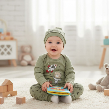 Hăinuțe Bebe-Băiețel - Compleu confortabil verde pentru băieți 6-12 luni cu imprimeu astronaut.