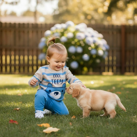 Hăinuțe Bebe-Băiețel - Compleu baieti 12-24 luni cu ursulet in culori albastru si gri.
