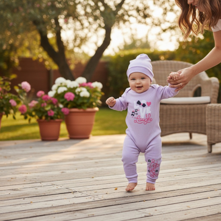 Hăinuțe Bebe-Fetiță - Compleu confortabil pentru fetițe 3-9 luni în culoarea mov vibrant.