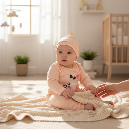 Hăinuțe Bebe-Fetiță - Compleu confortabil roz corai pentru fetițe cu vârsta între 9 și 12 luni.