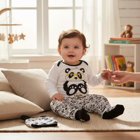 Hăinuțe Bebe-Băiețel - Compleu moale pentru bebelusi cu imprimeu vesel Panda 3-6 luni.