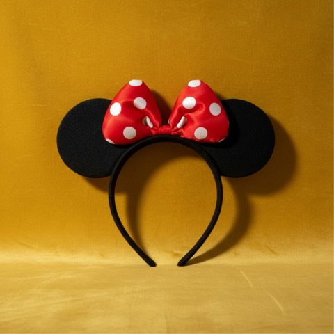 Coronițe pentru Păr - Coroniță de păr neagră cu urechi rotunde și fundă roșie cu buline albe model Minnie Mouse.