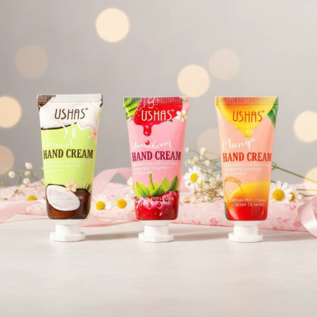 Pentru EA - Mini creme de mâini hidratante Ushas pentru călătorii, în variante de cocos, căpșuni și mango.