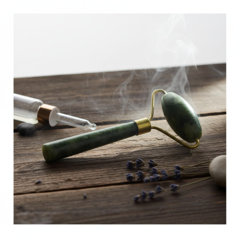 Îngrijire personală - Dispozitiv de masaj cu rolă din jad verde și mâner ergonomic pe o masă de lemn, alături de lavandă și uleiuri esențiale.