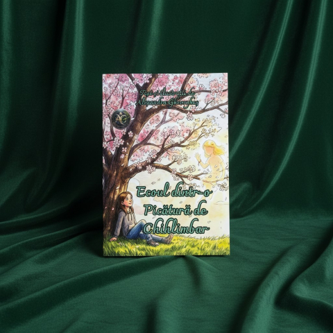 Cărți: povești de suflet pentru toate vârstele - Coperta cartii terapeutice Ecoul dintr-o picatura de chihlimbar de Alexandra Gheorghes cu o fetiță sub un copac înflorit