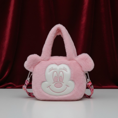 Gentuțe Pufoase - Gentuță roz pufosa pentru fete cu urechi 3D, chip brodat și baretă lungă reglabilă, design modern și moale.