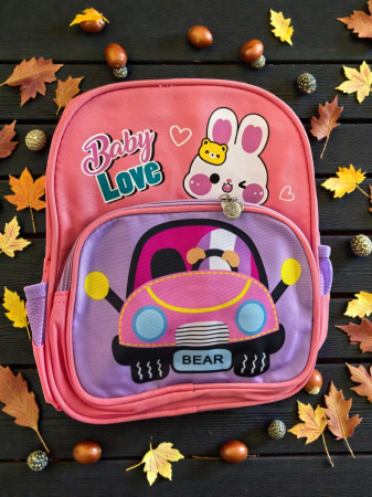 Ghiozdane și Rucsacuri - Ghiozdan albastru pentru copii cu imprimeu 3D iepuraș și mașinuță roșie.