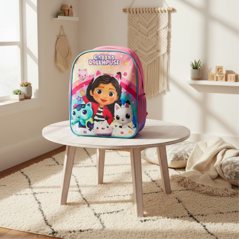 Ghiozdane și Rucsacuri 3D - Ghiozdan roz de grădiniță cu Gabby's Dollhouse și prietenii pisicuțe într-un design cu curcubeu.
